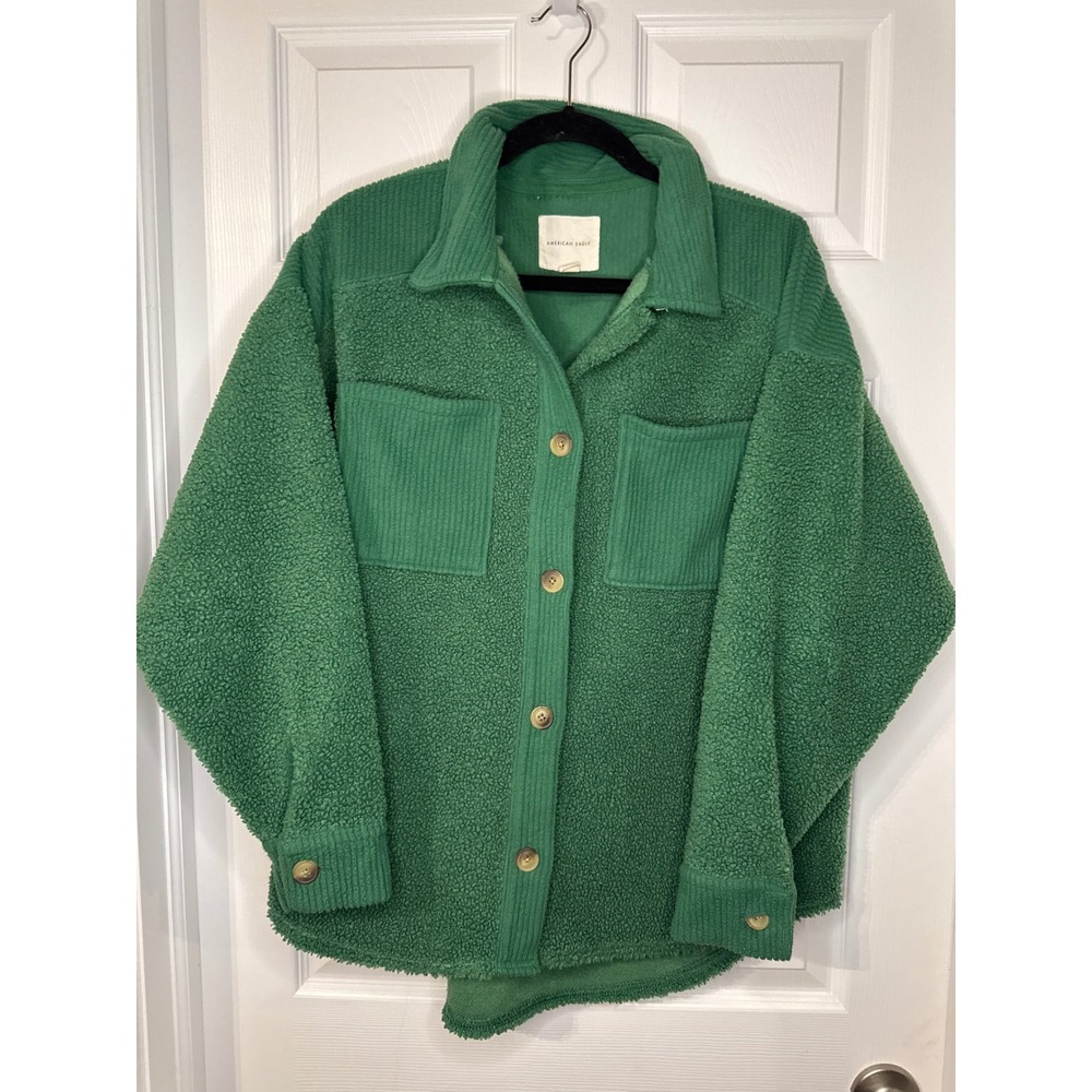 American Eagle Green Sherpa Corduroy Shacket Oversized Button Front Jacket Small